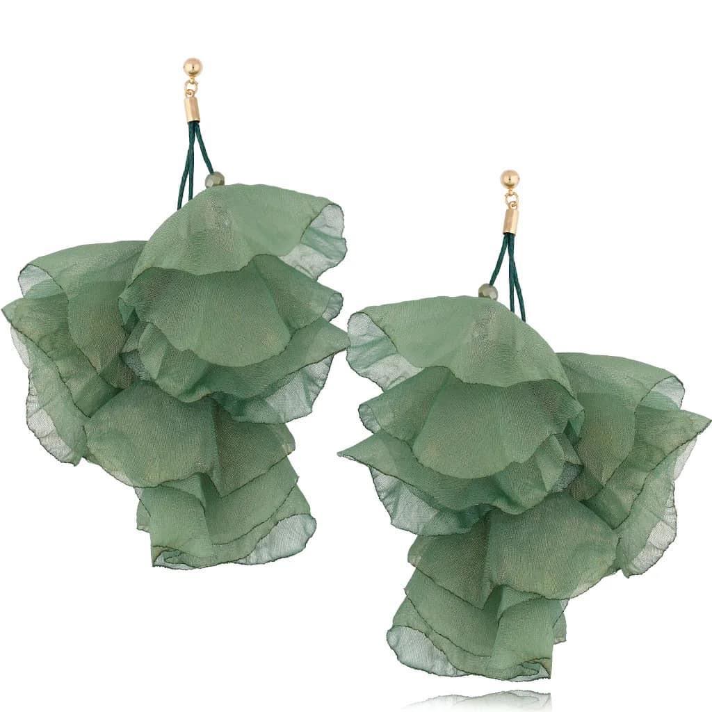 Multi Layer Silk Flower Earrings in Green