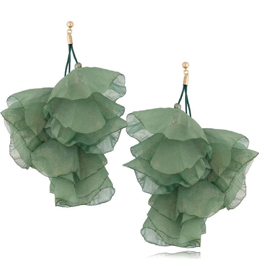Multi Layer Silk Flower Earrings in Green