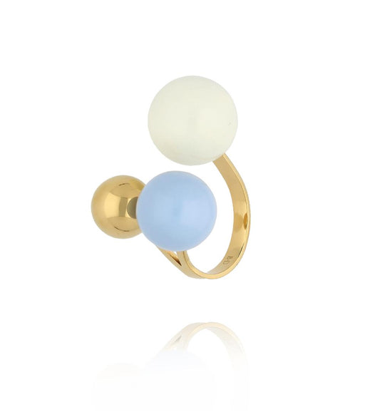 Steel and Shine Enamel Light Blue and White Balls Ring 1075