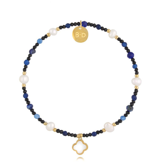 Blue Lapis Lazuli and Pearls Bracelet with Clover