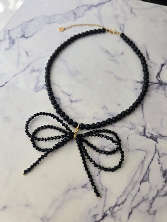 Black Onyx Stones Necklace with Glass Crystals Double Bow