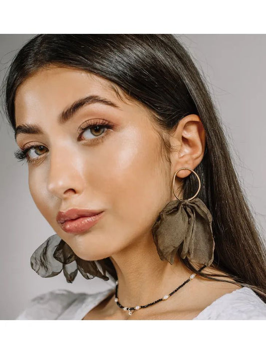 Mocha Round Silk Flower Earrings with Silver Finishing