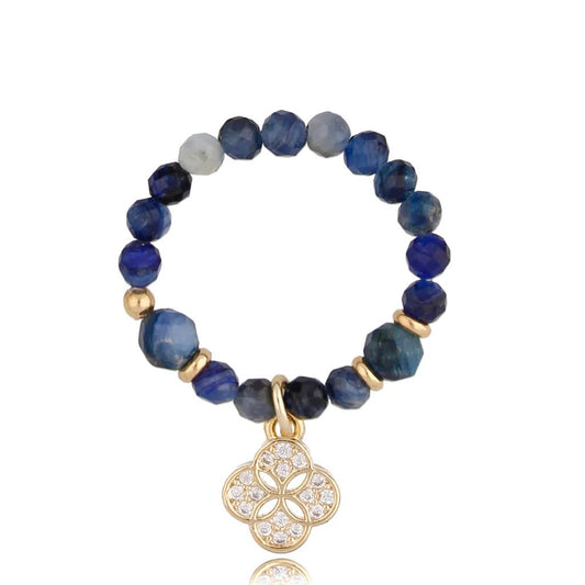 Lapis Lazuli Stones Elastic Ring with Zirconium Clover (cl)