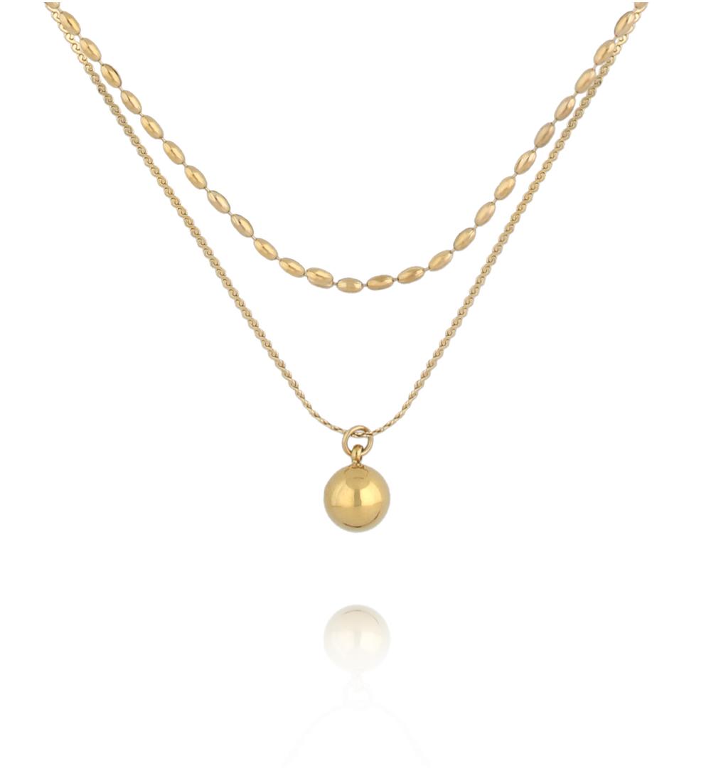 Gold Plated Double Chain Necklace with Gold Ball