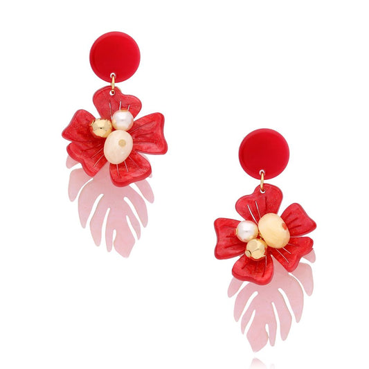 Moani Earrings with Red Flower & Monstera Leaf