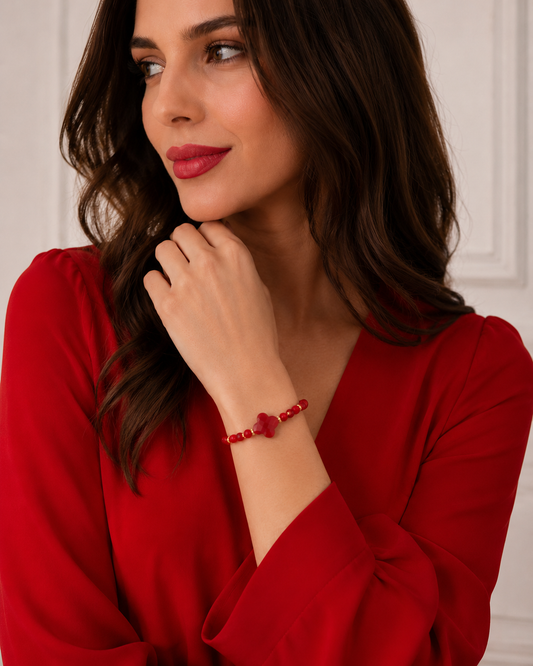Gold Plated Red Jadeite Clover Bracelet Karafuu