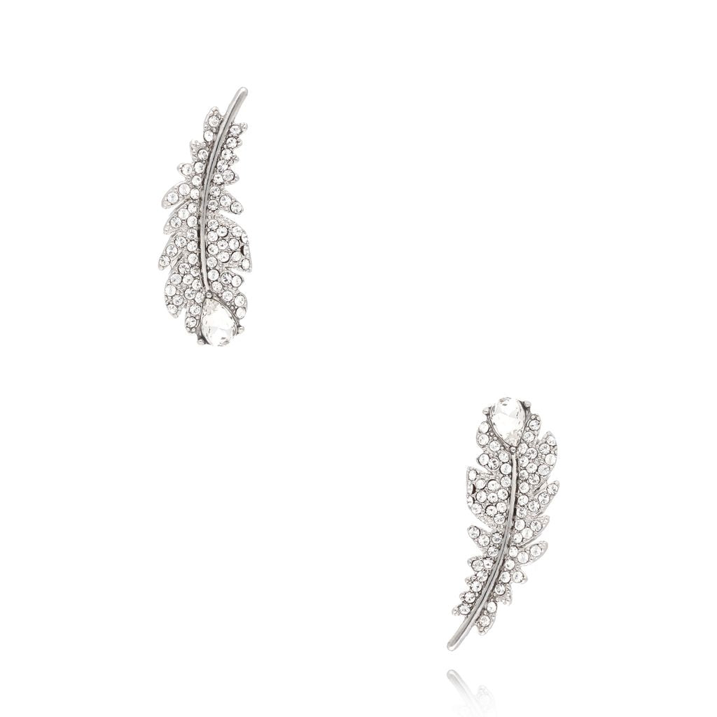 Crystals Feather Earrings with Silver Finishing