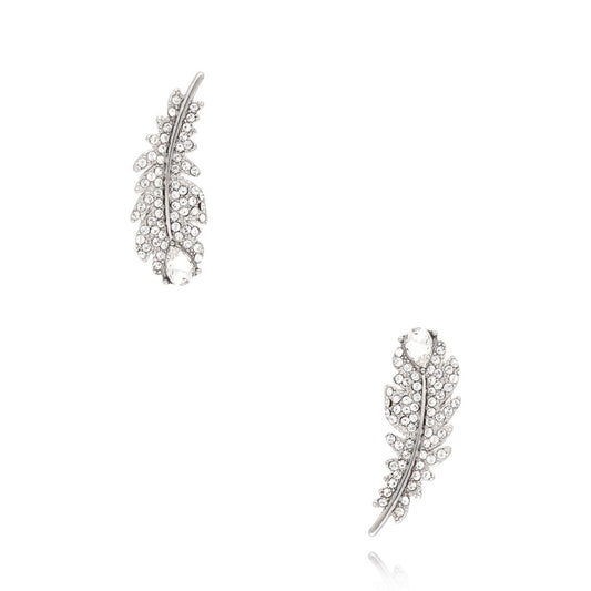 Crystals Feather Earrings with Silver Finishing