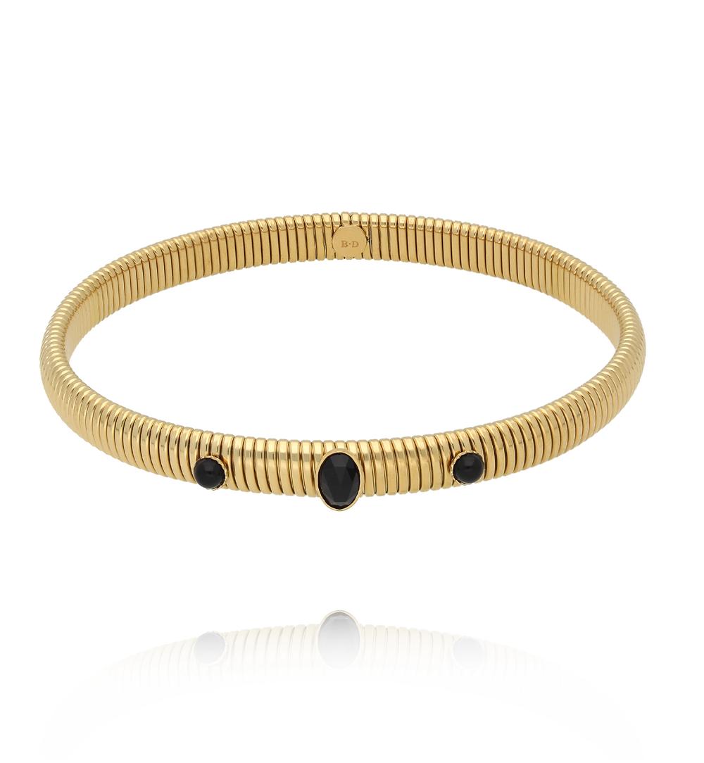 Gold Plated Earth Song Snake Elastic Bracelet with Black Agate 0034