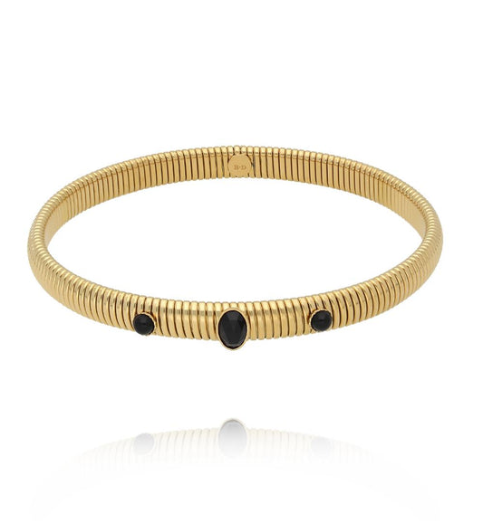 Gold Plated Earth Song Snake Elastic Bracelet with Black Agate 0034