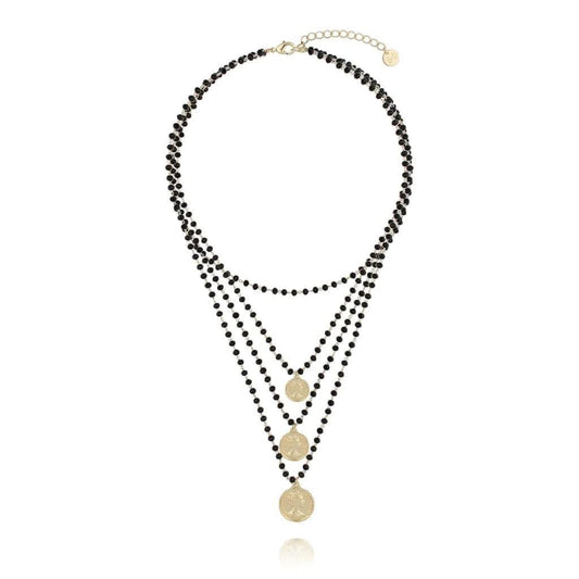 Black Glass Crystals Waterfall Necklace with Gold Coins (CL)