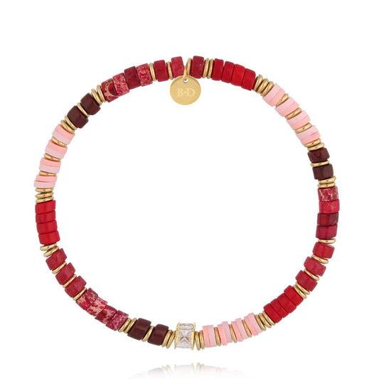 Burgundy Red and Pink Jadeite Stones Bracelet with Crystal