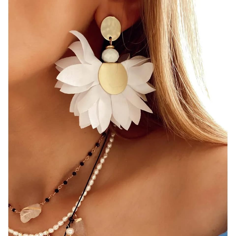 White with Gold Finishing Satin Flower Earrings