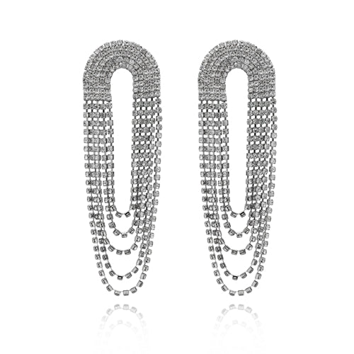 Party Time Layer Clear Rhinestones Earrings with Silver Finishing