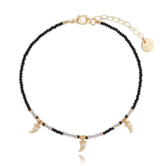 Black Agate Stones Anklet with Zircon Horn Pendant