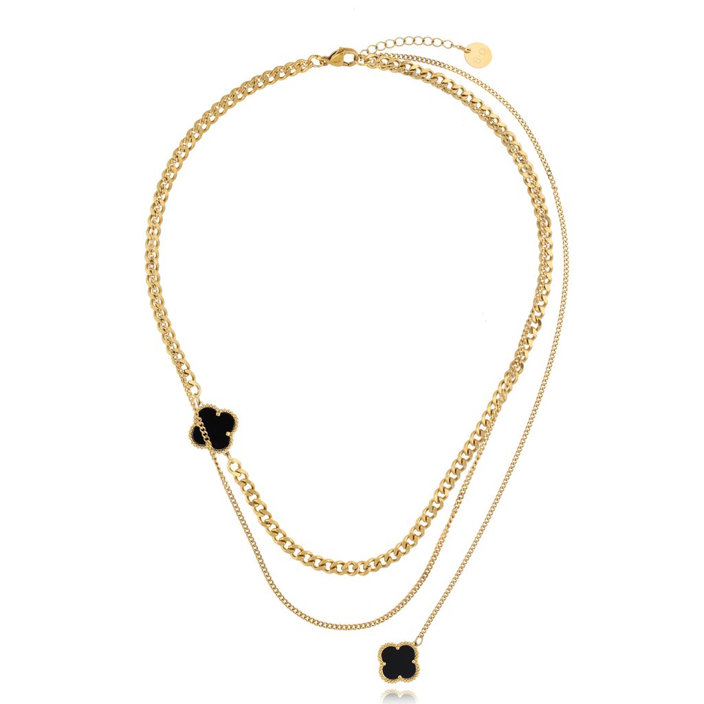 Double Layer Chain Necklace with Half Chain & Black Clover Pendant