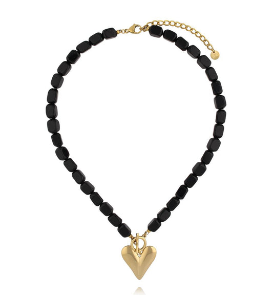 Glam Rock Rectangular Black Faceted Beads Necklace with Gold Heart