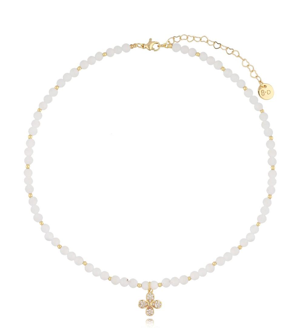 White Jadeite Stones Necklace with Crystals Clover 1103