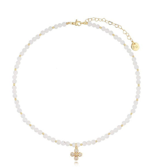 White Jadeite Stones Necklace with Crystals Clover 1103
