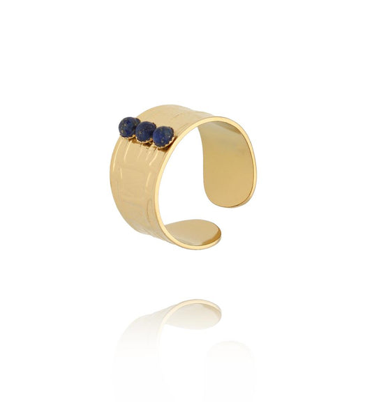 Gold Plated Wide Adjustable Ring with Lapis Lazuli Stones