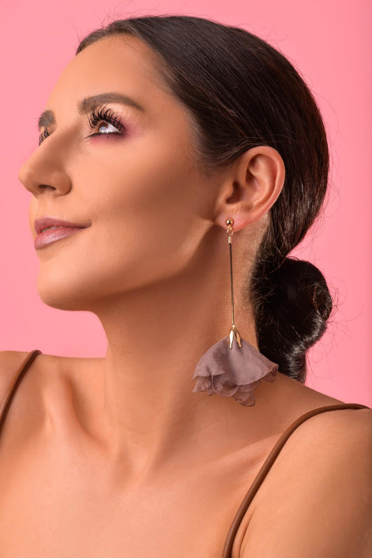 Chocolate Brown Long Tulip Silk Flower Earrings