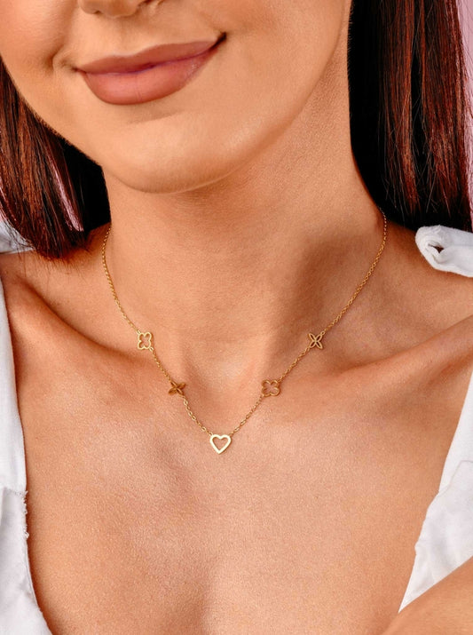 Gold Plated Celebrity Necklace with Clovers, Heart and Lily Flowers