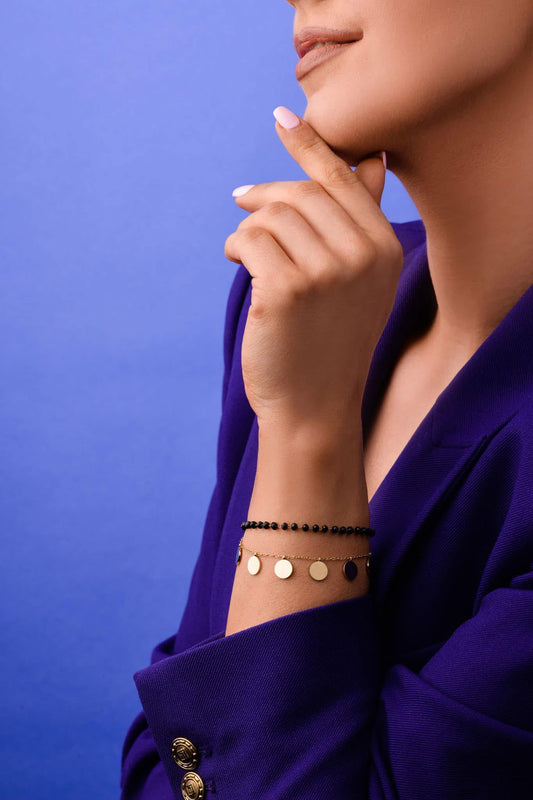 Gold Plated Double Chain Bracelet with Black Crystals and Flat Discs