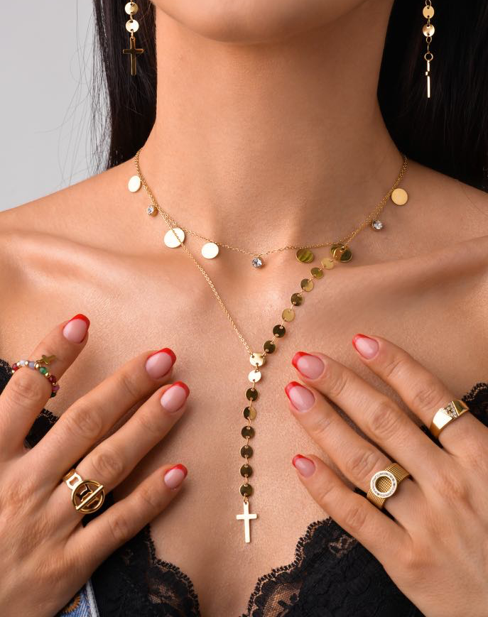 14k Gold Plated flat Discs Chain Necklace with Gold Cross