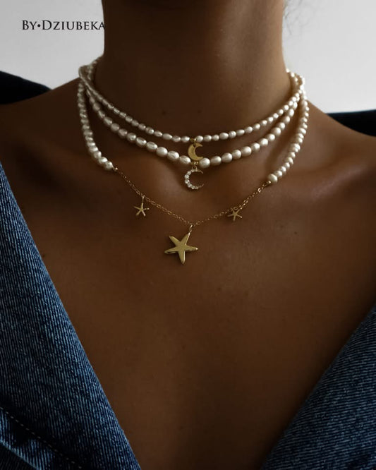 White Pearl Necklace with Three Gold Stars
