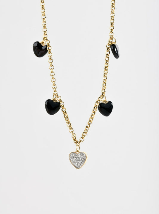 14k Gold Plated Necklace with Black & Crystal Hearts