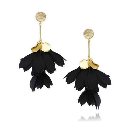 Black Satin Blossom Flower Earrings with Gold Finishing