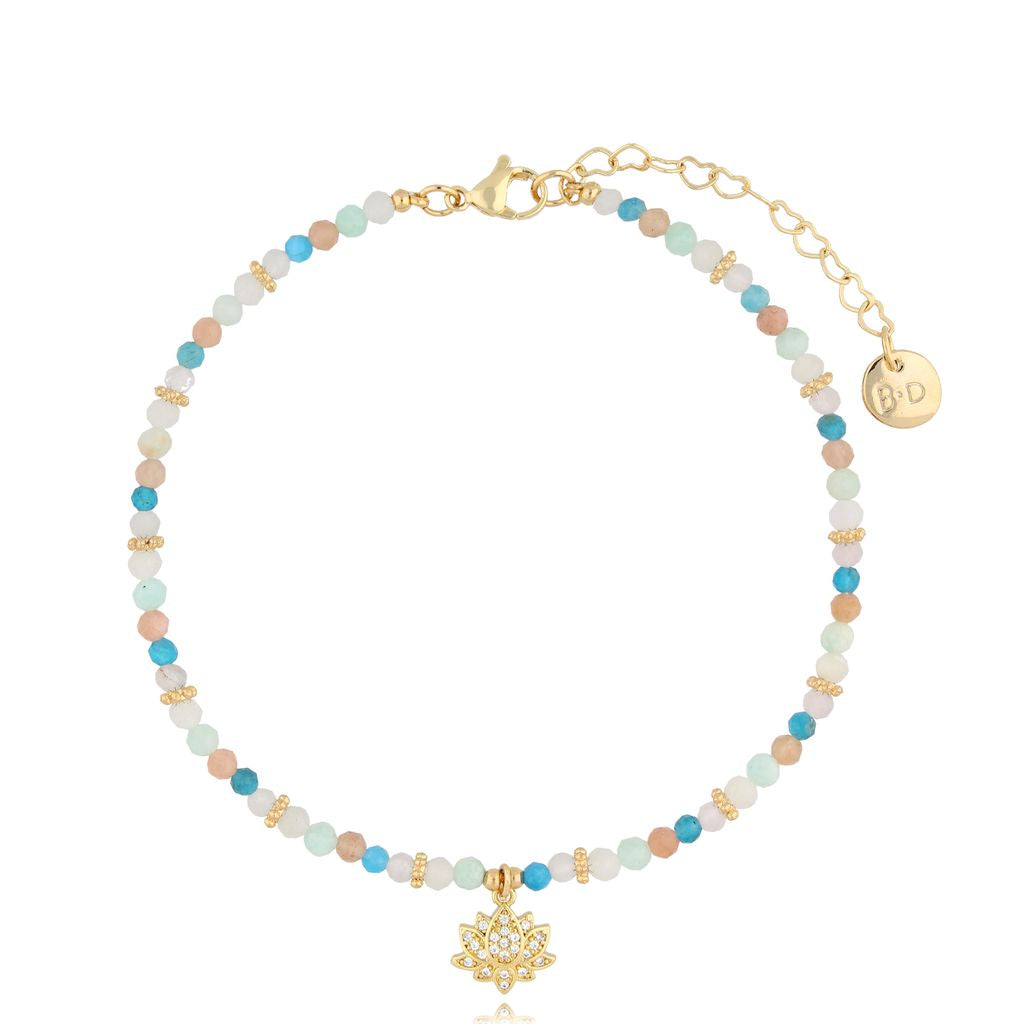 Natural Sun Stones & Amazonite Anklet with Crystal Lotus Pendant