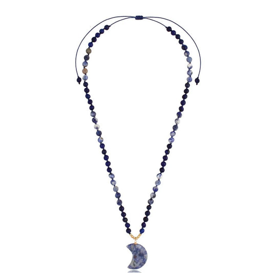 Blue Apatite and Jadeite Stones Rope Necklace with Natural Stone Moon Pendant