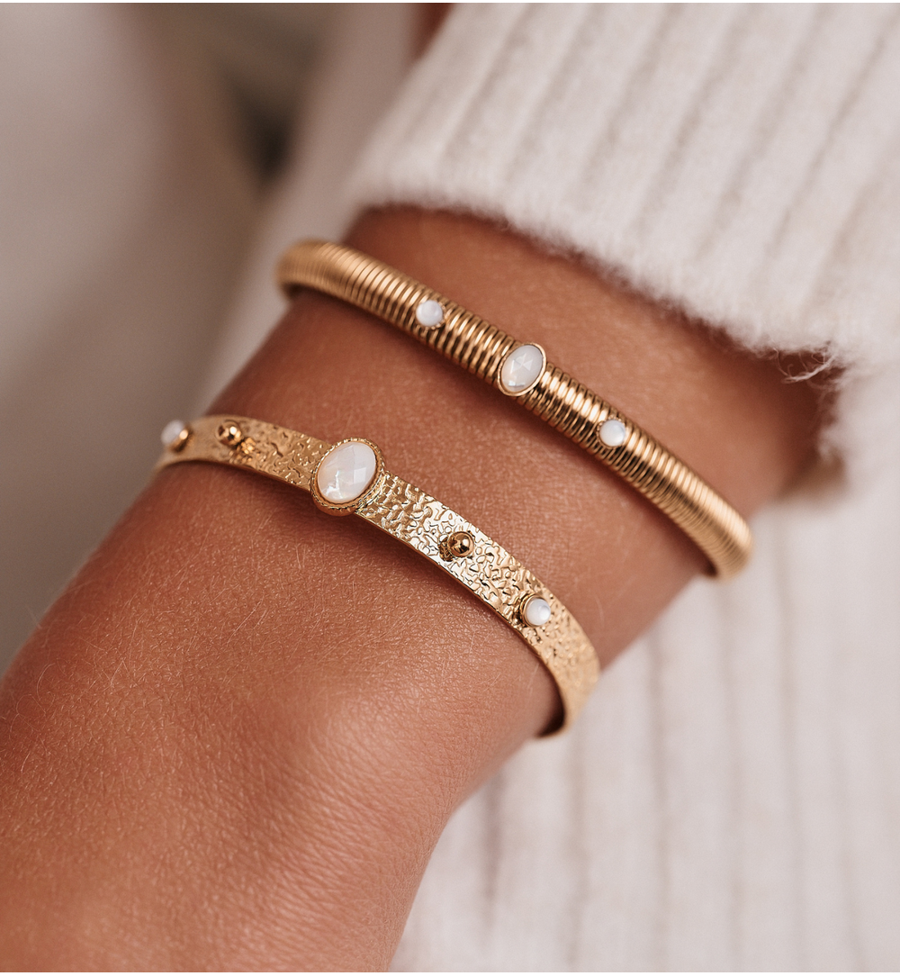 Gold Plated Earth Song Snake Elastic Bracelet with Pearls 0030