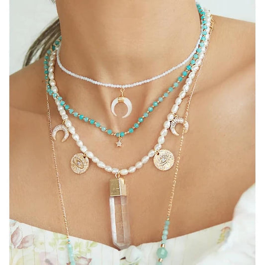 White Pearl Necklace with Large Himalayan Stone and Pendants