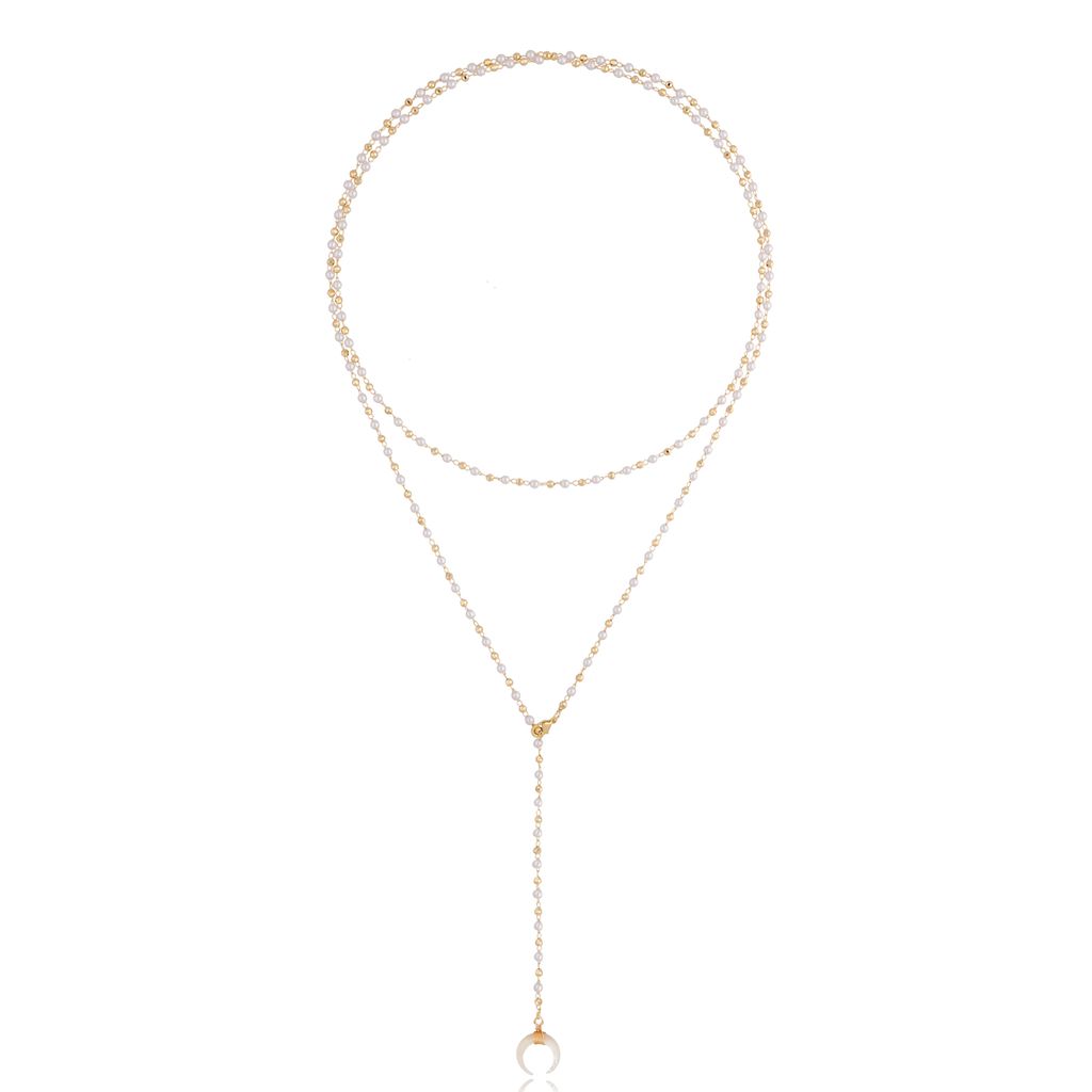 My Precious Long Double Layer Pearl Necklace with Adjustable Closing and Moon Pendant