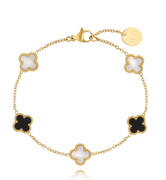 Gold Plated Black and White Clovers Bracelet