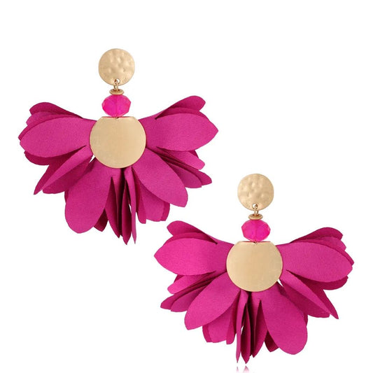 Punch Pink Satin Flower Earrings with Old Gold Finishing