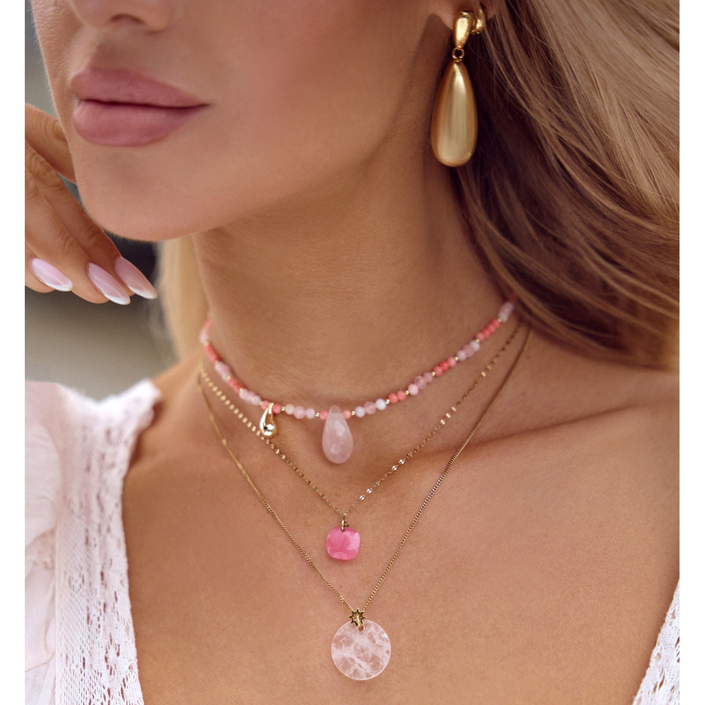 Pink Quartz and Opal Necklace with Gold Nature’s Tear Drop