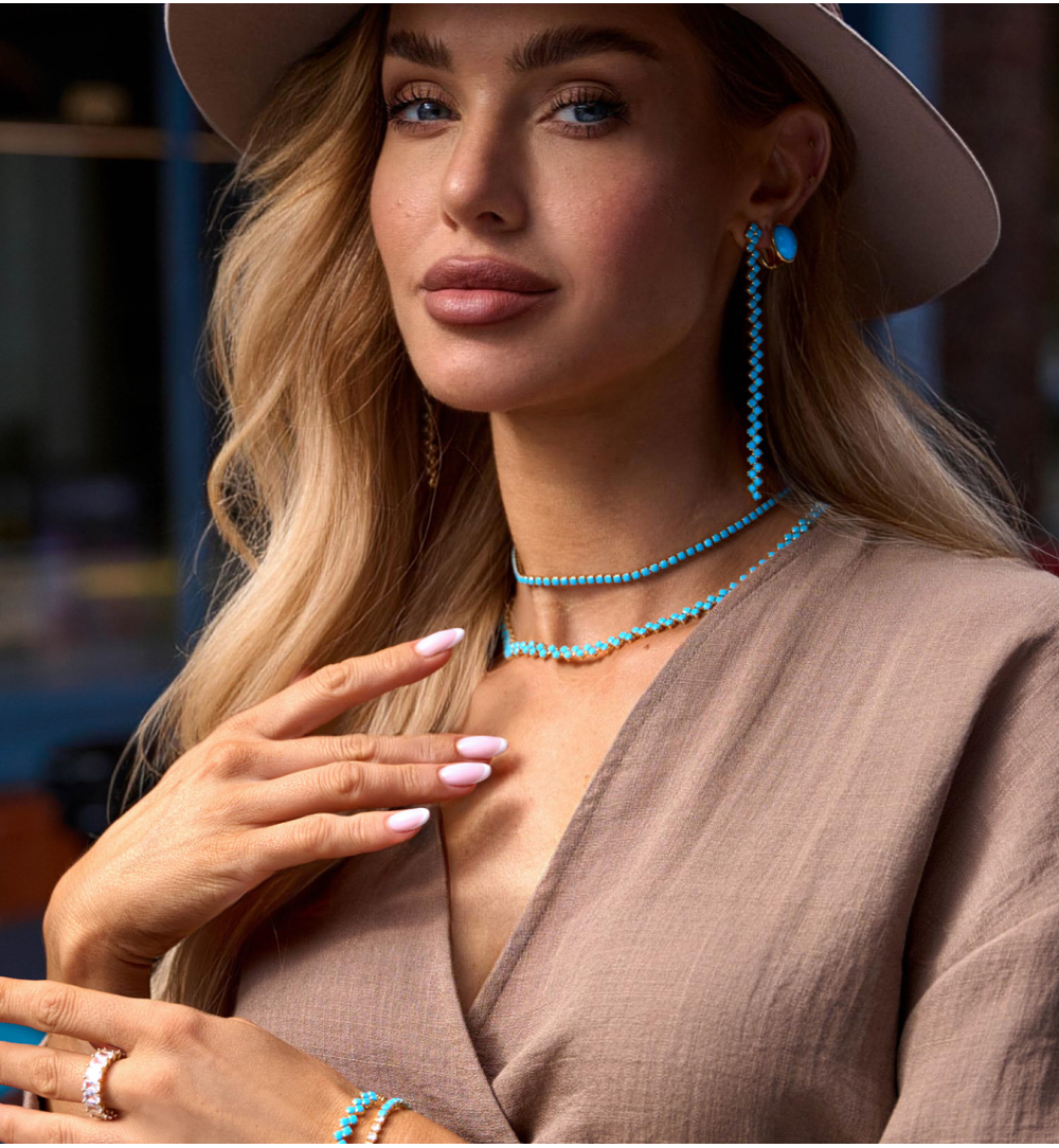 Turquoise Blue Two Row Tenis Crystals Necklace