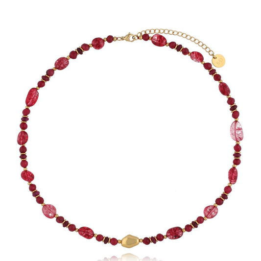 Gold Plated Burgundy Jadeite and Glass Crystals Necklace