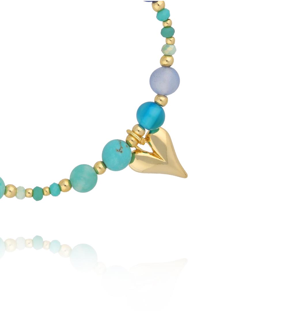 Turquoise, AmazoniteStones Bracelet with Gold Heart Pendant 2376