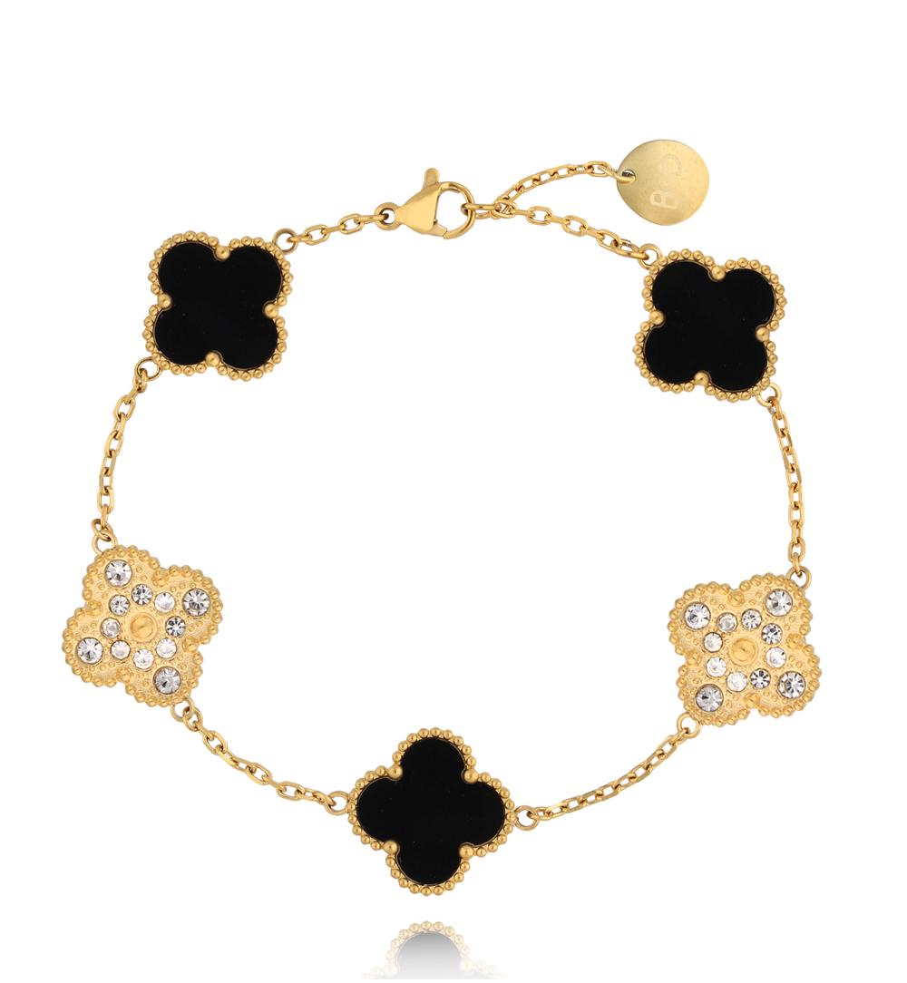 Gold Plated Crystal and Black Clovers Bracelet 0120