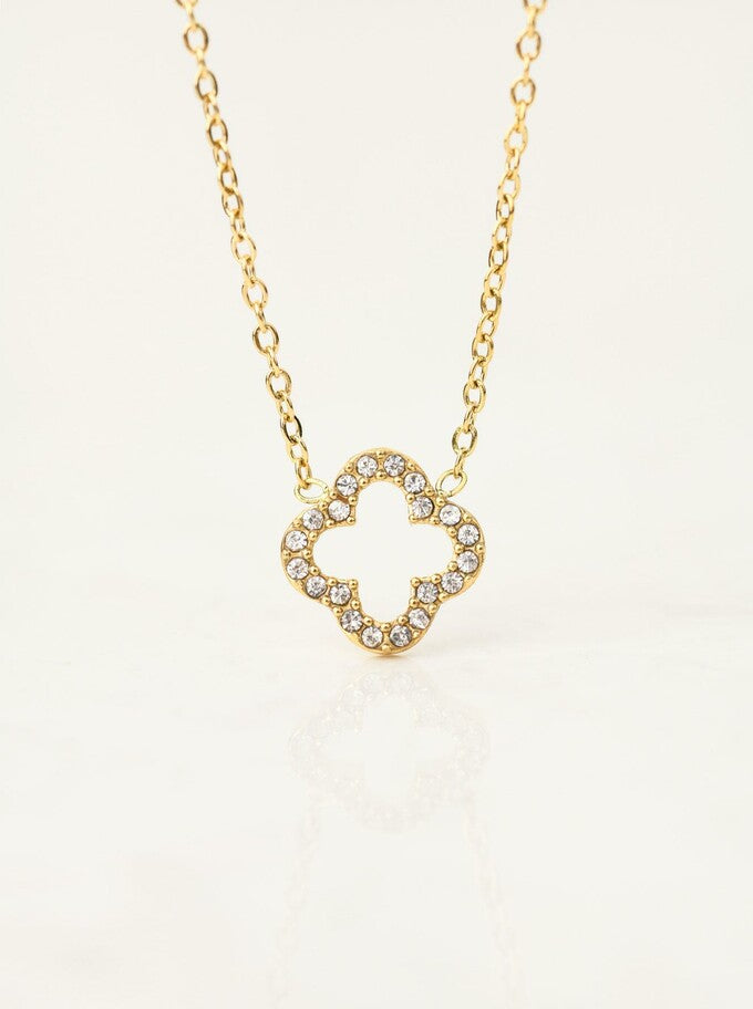 14k Gold Plated Necklace with Open Crystals Clover