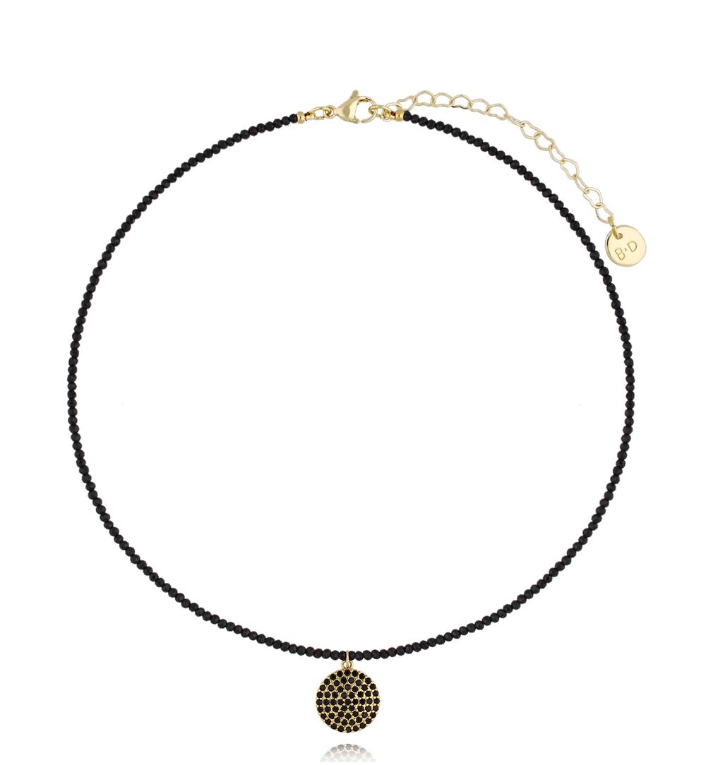 Black Tourmaline Stones necklace with Round Crystal Pendant 4446