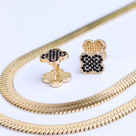 Gold Plated Two Sides (Crystals & Black) Clover Earrings