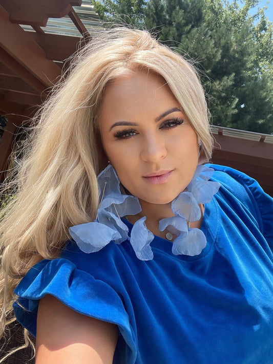 Steel Blue Silk Flower Earrings with Silver Finishing 7,5 inch Long