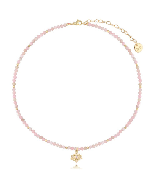 Pink Opal Necklace with Crystal Lotus Flower