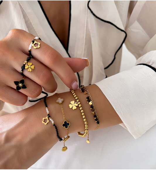 Gold Plated Black and White Clovers Bracelet