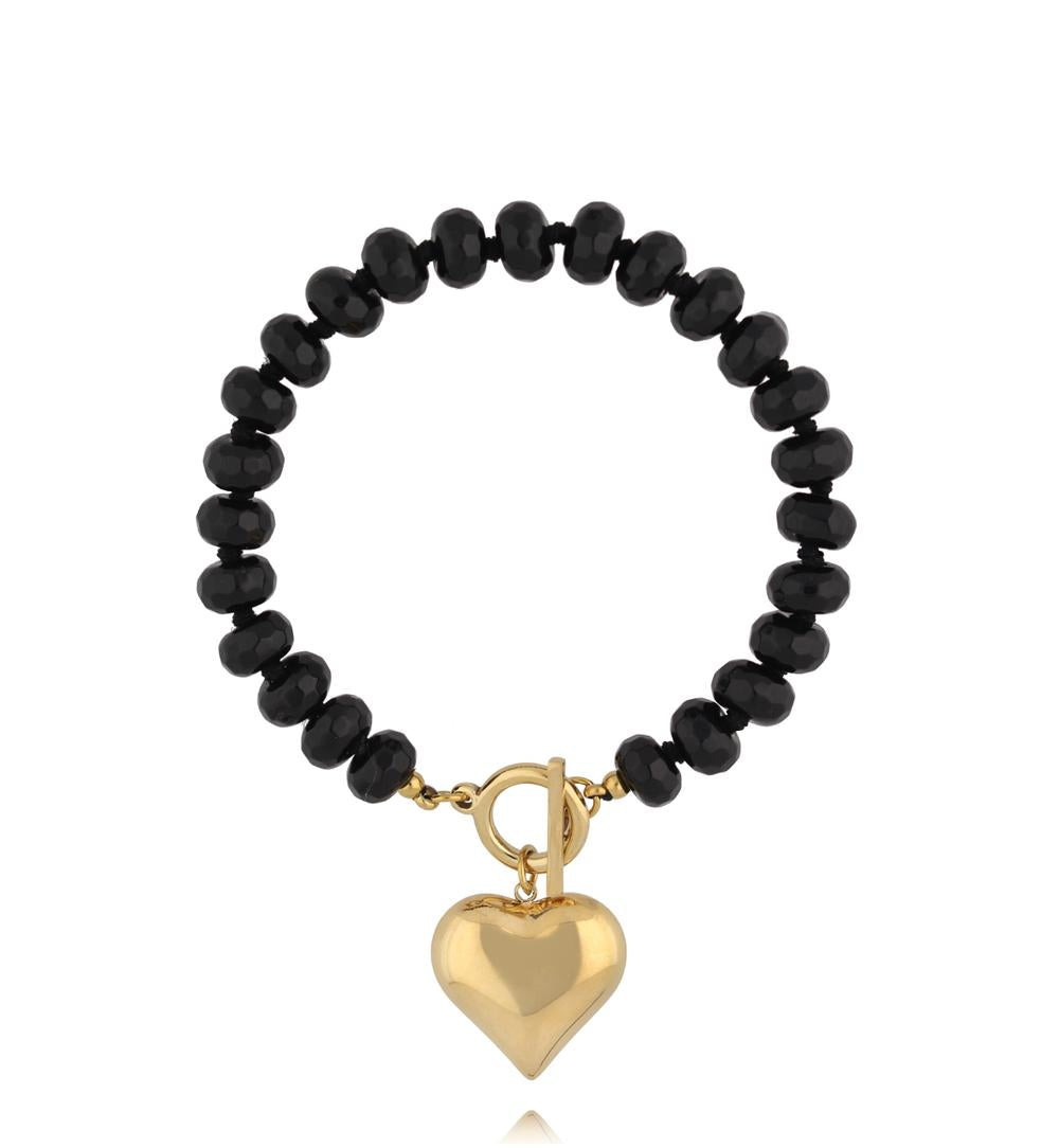 Glam Rock Black Agate Stones Bracelet with Gold Heart